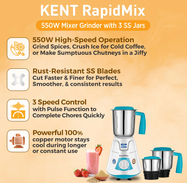 KENT RapidMix-550W High Speed Mixer Grinder for Home