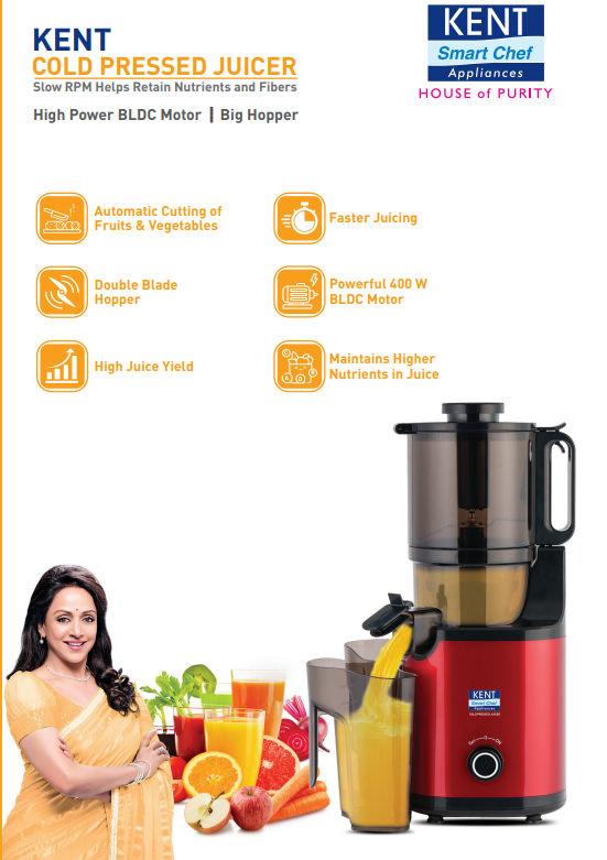 KENT Cold Pressed Juicer | Maintains Higher Nutrients in Juice | High Juice Yield | Faster Juicing | Automatic Cutting of Fruits & Vegetables | Double Blade Hopper |400 Watts BLDC Motor | Red & Black
