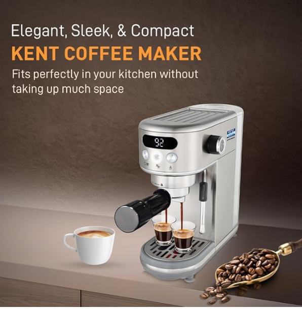 KENT Coffee Maker 1400 W | Makes Two Cups of Coffee at a Time | High Pressure 20 Bar Italian Pump for making Cappuccinos & Lattes | In-Built Steamer for Frothing | SS Body | Suitable for Ground Coffee