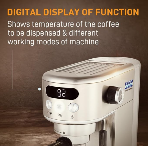 KENT Coffee Maker 1400 W | Makes Two Cups of Coffee at a Time | High Pressure 20 Bar Italian Pump for making Cappuccinos & Lattes | In-Built Steamer for Frothing | SS Body | Suitable for Ground Coffee