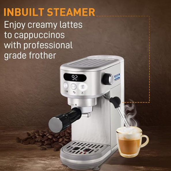 KENT Coffee Maker 1400 W | Makes Two Cups of Coffee at a Time | High Pressure 20 Bar Italian Pump for making Cappuccinos & Lattes | In-Built Steamer for Frothing | SS Body | Suitable for Ground Coffee