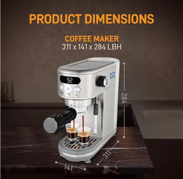 KENT Coffee Maker 1400 W | Makes Two Cups of Coffee at a Time | High Pressure 20 Bar Italian Pump for making Cappuccinos & Lattes | In-Built Steamer for Frothing | SS Body | Suitable for Ground Coffee