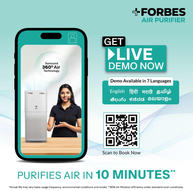 Forbes Smart 500 Surround 360° Air Purifier | True HEPA Grade 13 filter | Covers Large Area 670 Sq. Ft. | Sleep Mode | App Controlled