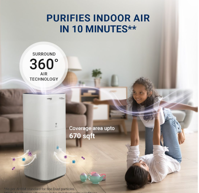 Forbes Smart 500 Surround 360° Air Purifier | True HEPA Grade 13 filter | Covers Large Area 670 Sq. Ft. | Sleep Mode | App Controlled