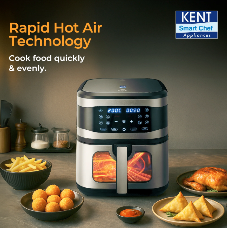 KENT Digital 8L Air Fryer | 1700W Power, Touch Control Panel, LED Display, 8 Preset Cooking Modes, Large Capacity for Families, Oil-Free Healthy Frying, Auto Shut-Off (Black)