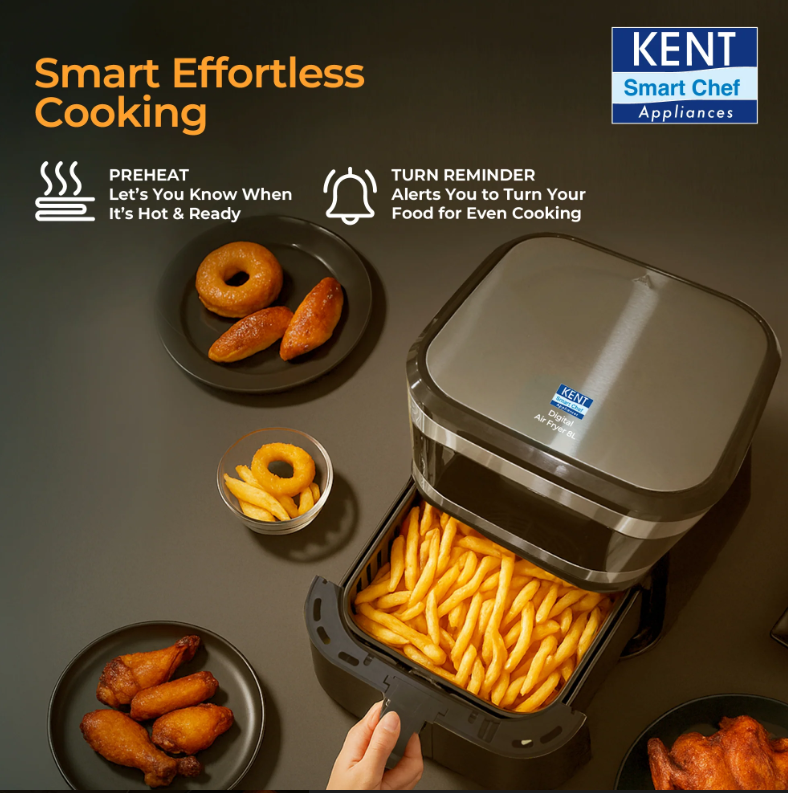 KENT Digital 8L Air Fryer | 1700W Power, Touch Control Panel, LED Display, 8 Preset Cooking Modes, Large Capacity for Families, Oil-Free Healthy Frying, Auto Shut-Off (Black)