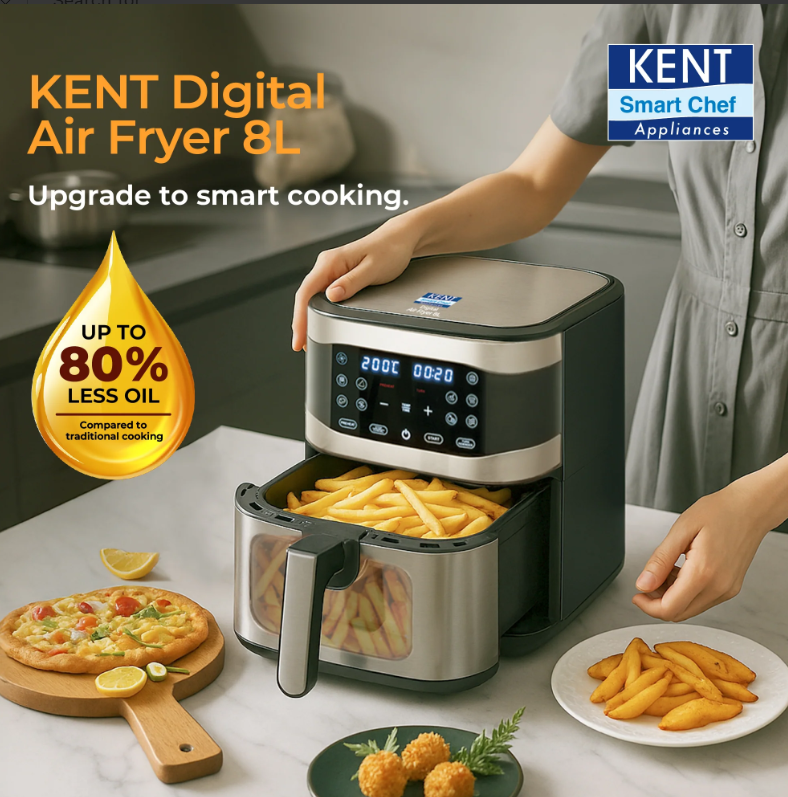 KENT Digital 8L Air Fryer | 1700W Power, Touch Control Panel, LED Display, 8 Preset Cooking Modes, Large Capacity for Families, Oil-Free Healthy Frying, Auto Shut-Off (Black)