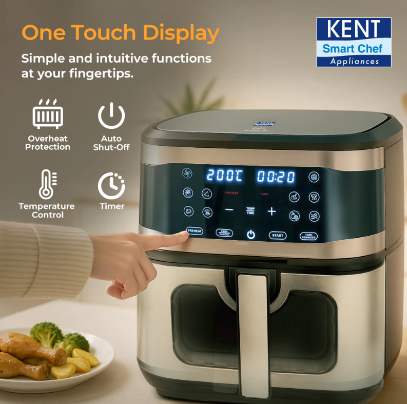 KENT Digital 8L Air Fryer | 1700W Power, Touch Control Panel, LED Display, 8 Preset Cooking Modes, Large Capacity for Families, Oil-Free Healthy Frying, Auto Shut-Off (Black)