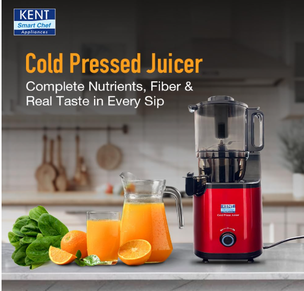 KENT Cold Pressed Juicer | Maintains Higher Nutrients in Juice | High Juice Yield | Faster Juicing | Automatic Cutting of Fruits & Vegetables | Double Blade Hopper |400 Watts BLDC Motor | Red & Black