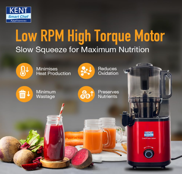 KENT Cold Pressed Juicer | Maintains Higher Nutrients in Juice | High Juice Yield | Faster Juicing | Automatic Cutting of Fruits & Vegetables | Double Blade Hopper |400 Watts BLDC Motor | Red & Black