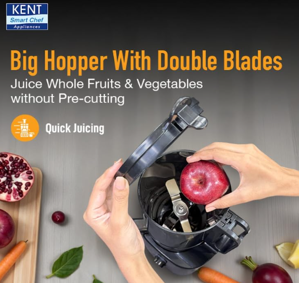 KENT Cold Pressed Juicer | Maintains Higher Nutrients in Juice | High Juice Yield | Faster Juicing | Automatic Cutting of Fruits & Vegetables | Double Blade Hopper |400 Watts BLDC Motor | Red & Black