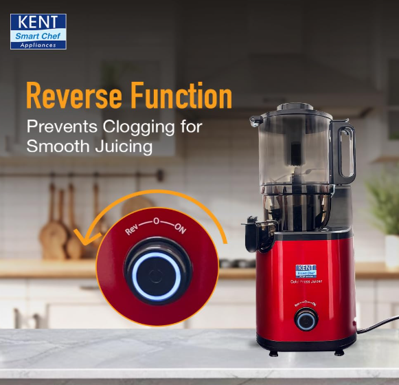 KENT Cold Pressed Juicer | Maintains Higher Nutrients in Juice | High Juice Yield | Faster Juicing | Automatic Cutting of Fruits & Vegetables | Double Blade Hopper |400 Watts BLDC Motor | Red & Black