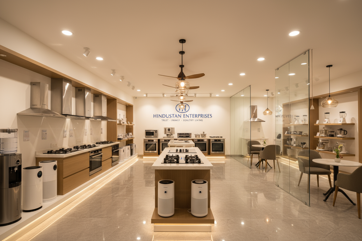 A modern, elegant electronics and home appliances showroom interior with neatly arranged water purifiers, air purifiers, chimneys, cooktops, hobs, fans, geysers, and kitchen appliances. Warm lighting, clean shelves, and a customer-friendly environment. The scene should look premium and trustworthy, with a focus on family comfort and healthy living. Add subtle branding elements like ‘Hindustan Enterprises’ on a wall banner or display board. Aesthetic, realistic, and suitable for an e-commerce homepage hero i