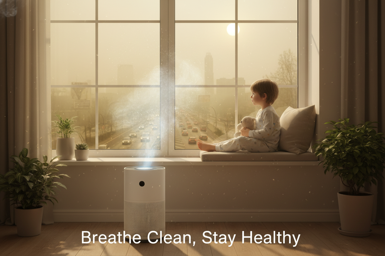 🌫️ AIR PURIFIER THEME IMAGE PROMPT SET
1️⃣ Awareness Banner — “Coughing Scene”

A realistic indoor scene showing a young child coughing near a window with visible outdoor pollution or haze. The outdoor area should look dusty and smoggy, showing traffic and city pollution. Inside the room, show clean soft daylight and a modern white air purifier (no logo or brand) gently releasing purified air. Add a faint glowing blue mist around the purifier to symbolize clean airflow.
Text overlay (clean modern font):
“C